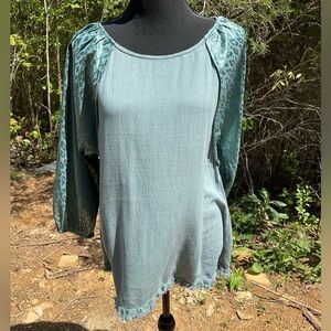 Umgee Teal Top with Animal Print Sleeves